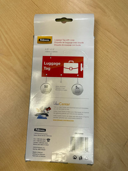 Fellowes Laminating Pouches, Thermal, Luggage Tag with Loop 2 1/2"(H) x 4 1/4"(W) Size, 5 Mil, 50/Pack (21-5)